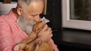Un signore anziano bacia il suo gatto